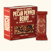 Front three-quarter view of Pecan Pepper Berry 12-Pack showcasing red packaging and a wrapped craft bar on a light background