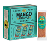 Front view of Mango Pineapple Lime box, turquoise front with Only 3 Ingredients text, window showing bars and a 1.2 oz bar